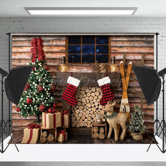 Lofaris Cabin Wood Window Stack Elk Tree Christmas Backdrop