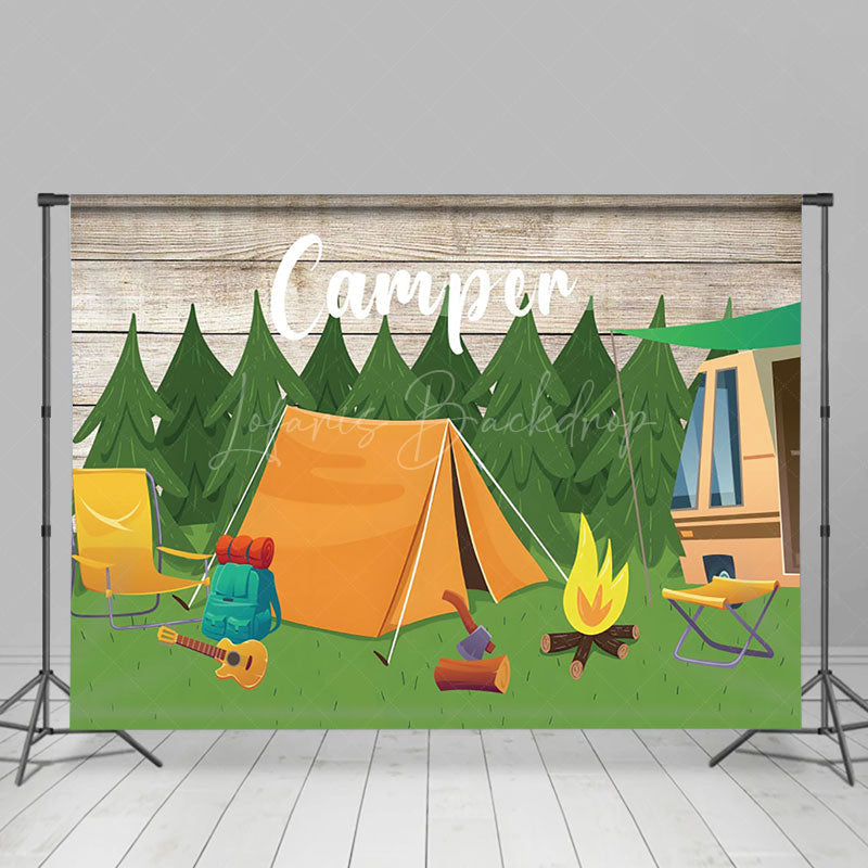 Lofaris Camper Tent Forest Adventure Bonfire Party Backdrop