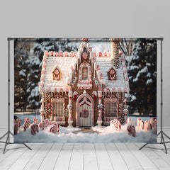 Lofaris Candy Cane Gingerbread House Snowy Christmas Backdrop