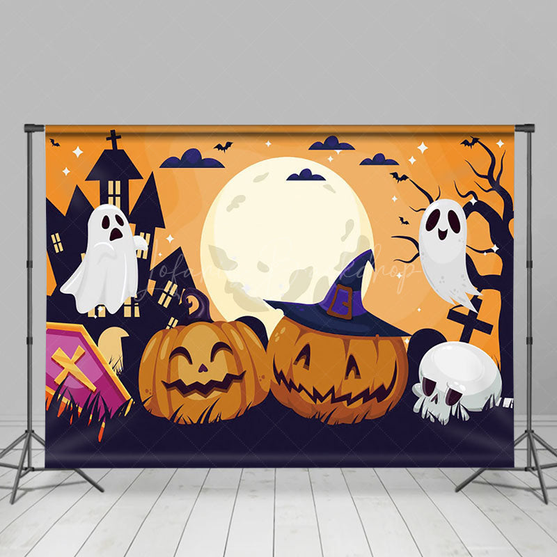 Lofaris Cartoon Ghosts Pumpkins Full Moon Halloween Backdrop