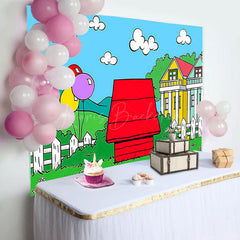 Lofaris Cartoon Green Grass Red House Birthday Backdrop