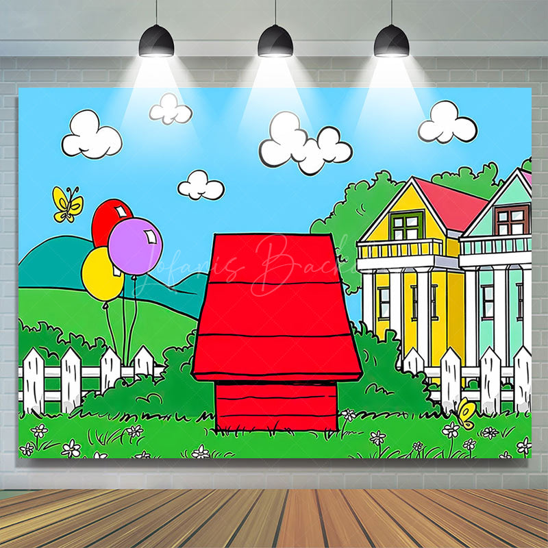 Lofaris Cartoon Green Grass Red House Birthday Backdrop