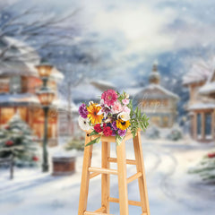 Lofaris Cartoon Winter Outdoor Town Snow Scene Backdrop