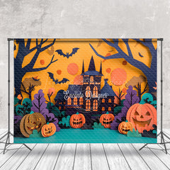 Lofaris Castle Bats Pumpkins Trees Halloween Photo Backdrop