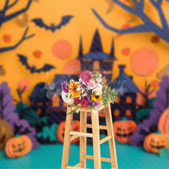 Lofaris Castle Bats Pumpkins Trees Halloween Photo Backdrop