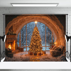 Lofaris Cave Style Fireplace Window Light Xmas Tree Backdrop