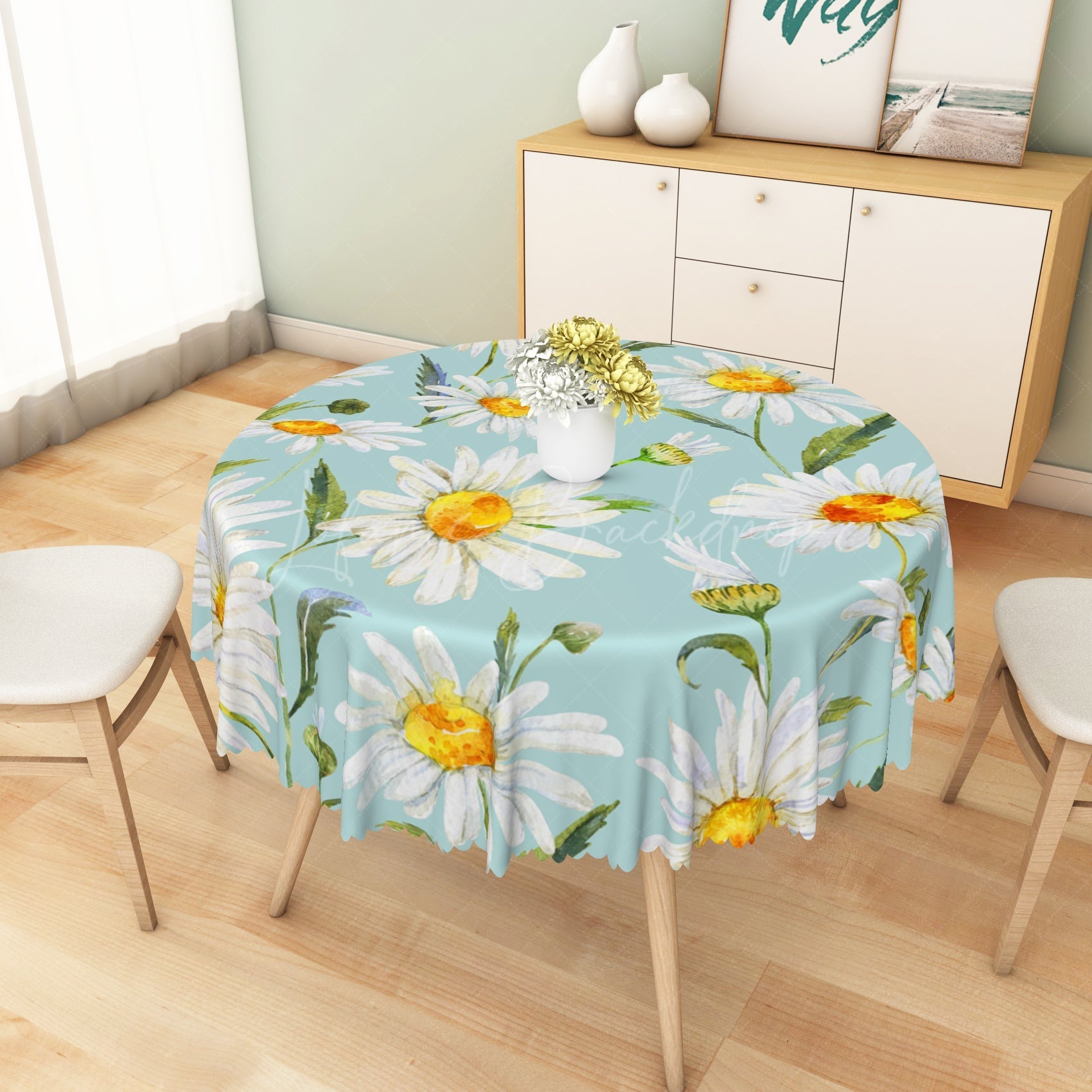 Lofaris Charming Daisy Pattern White Petals Blue Tablecloth