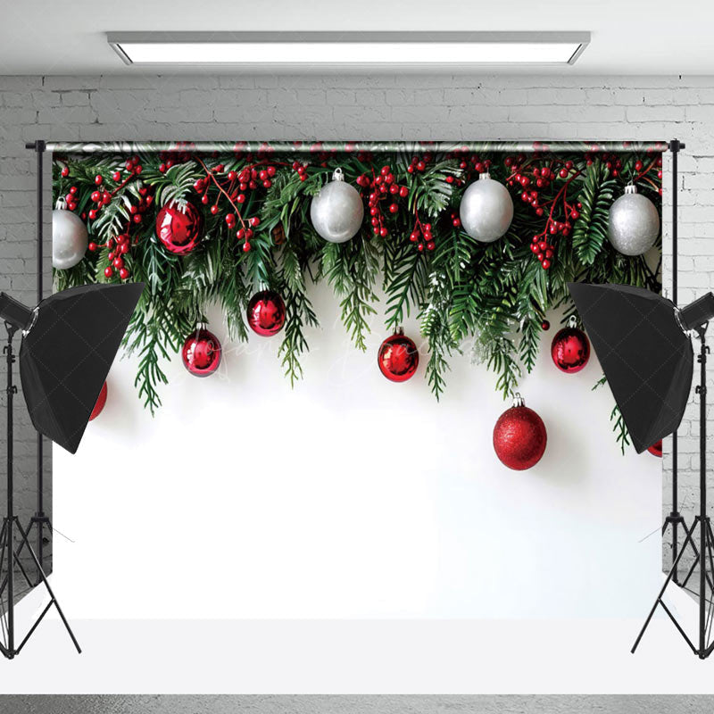 Lofaris Cherry Pine Leaves White Wall Christmas Backdrop