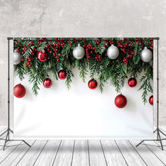 Lofaris Cherry Pine Leaves White Wall Christmas Backdrop