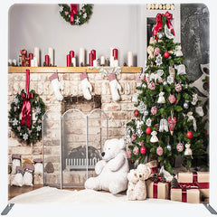 Lofaris Christmas Brick Fireplace Wreath Tension Fabric Backdrop