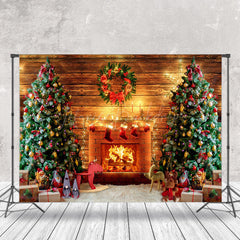 Lofaris Christmas Fireplace Wooden Wall Festive Backdrop