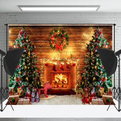 Lofaris Christmas Fireplace Wooden Wall Festive Backdrop