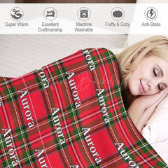 Lofaris Christmas Green Red Plaid Custom Repeat Name Blanket