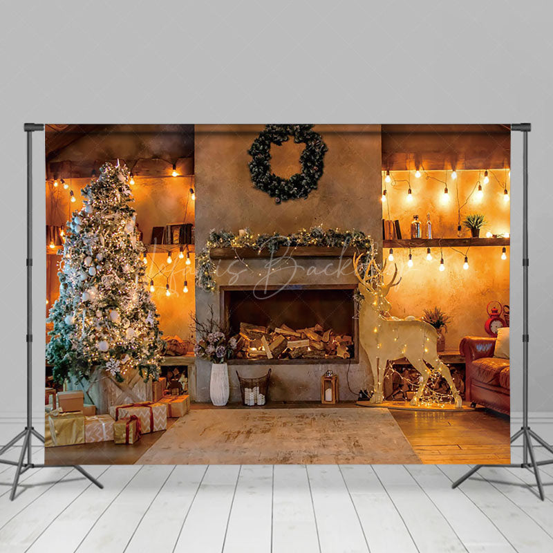 Lofaris Christmas Night Room Lights Fireplace Tree Backdrop