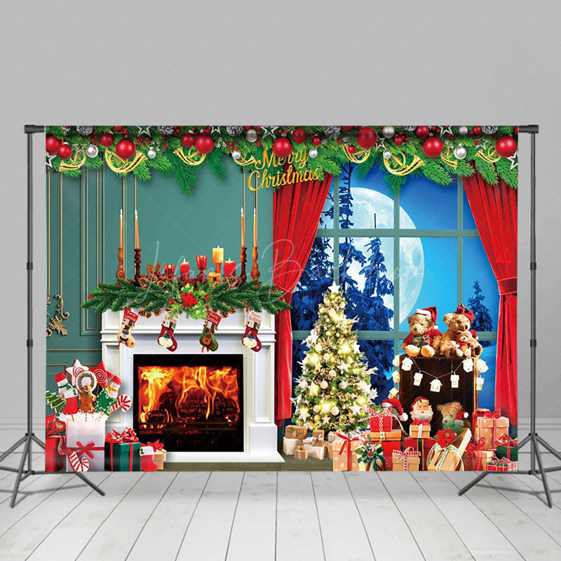 Lofaris Christmas Night Tree Fireplace Teddy Bear Backdrop