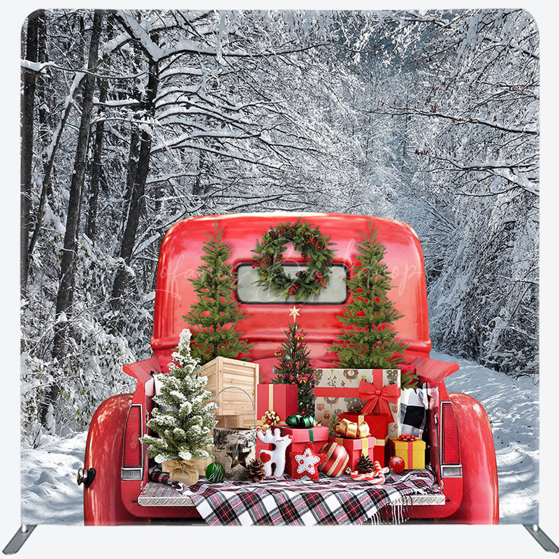 Lofaris Christmas Red Truck Snowy Tension Fabric Backdrop