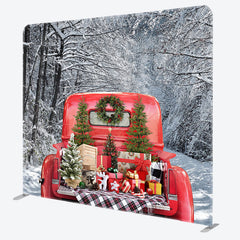 Lofaris Christmas Red Truck Snowy Tension Fabric Backdrop