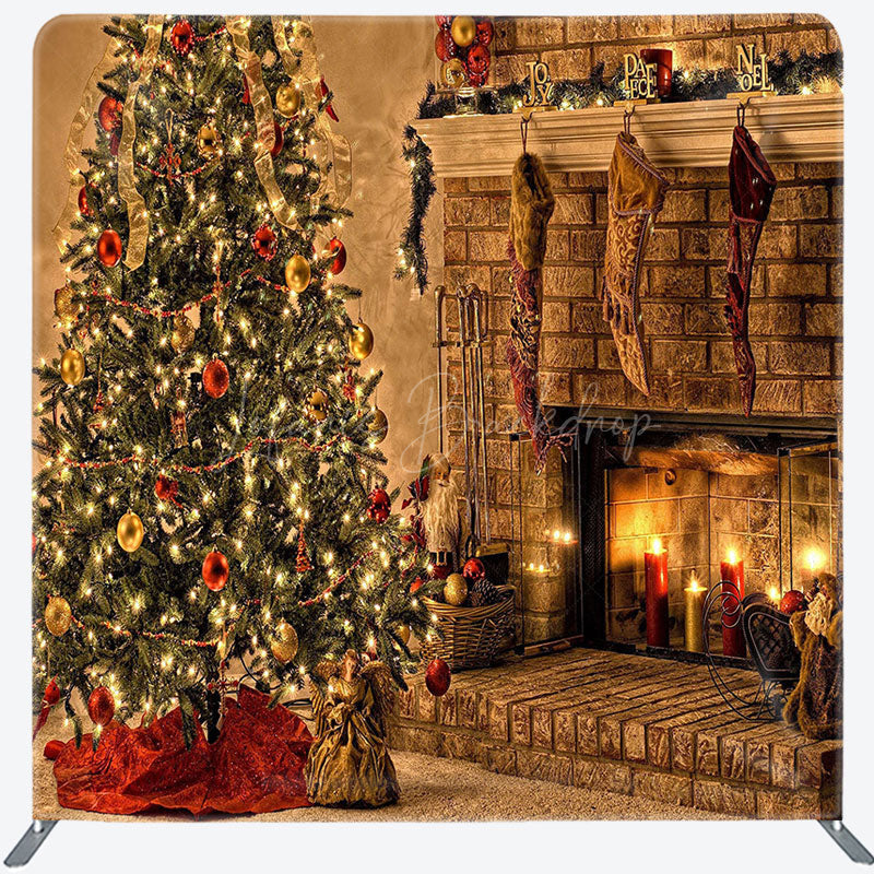 Lofaris Christmas Tree Fireplace Candles Tension Fabric Backdrop