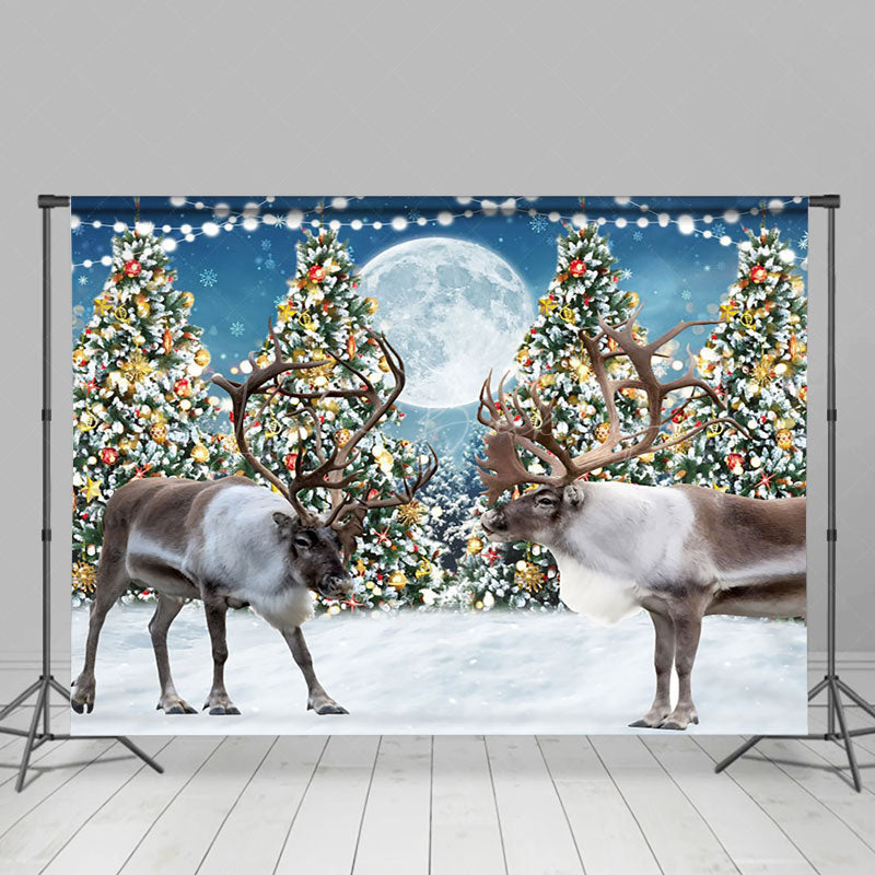 Lofaris Christmas Tree Reindeer Moon Holiday Photo Backdrop