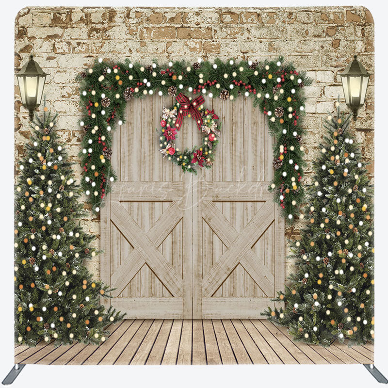 Lofaris Christmas Tree Wood Door Double-Sided Square Backdrop