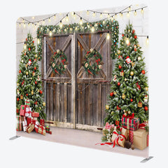 Lofaris Christmas Tree Wood Door Gift Tension Fabric Backdrop