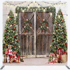 Lofaris Christmas Tree Wood Door Gift Tension Fabric Backdrop