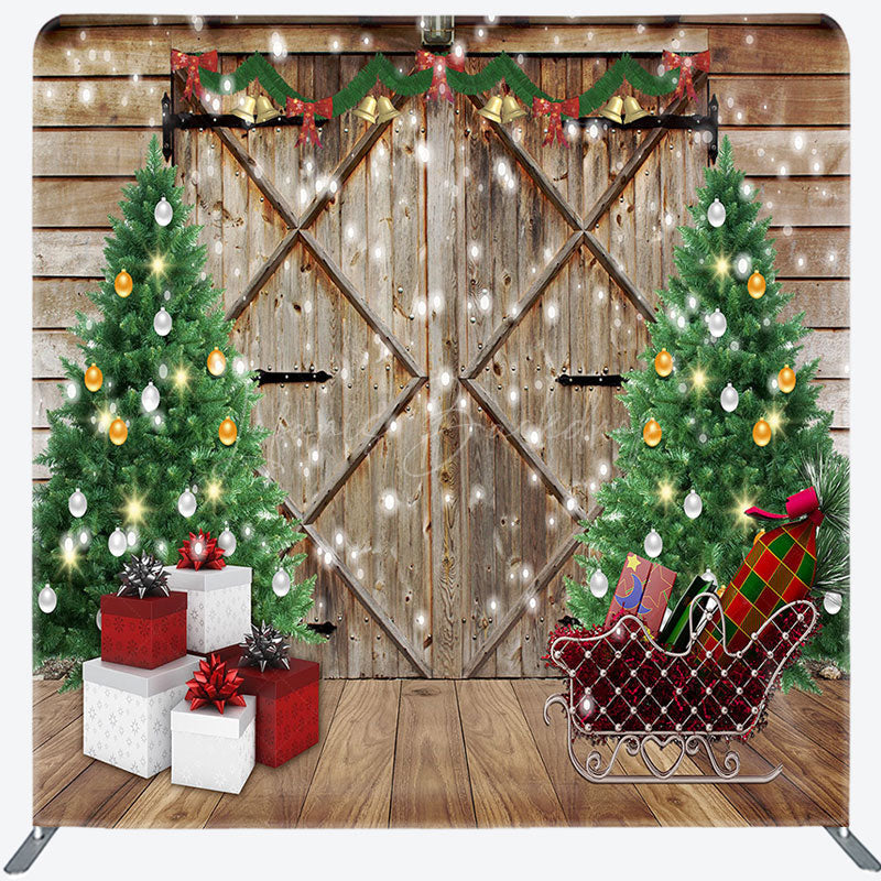 Lofaris Christmas Tree Wooden Door Gift Tension Fabric Backdrop