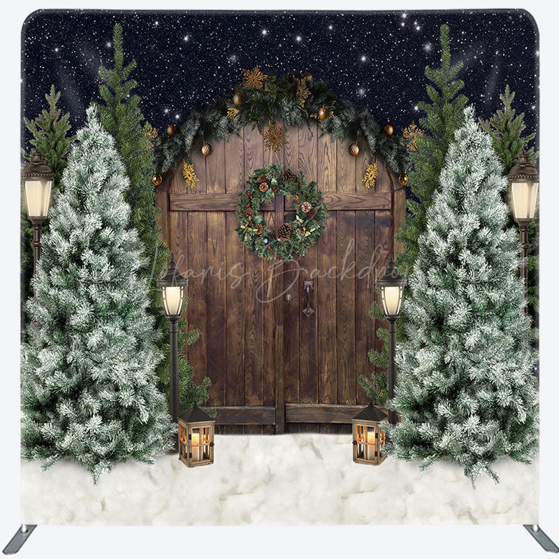 Lofaris Christmas Tree Wooden Door Tension Fabric Backdrop