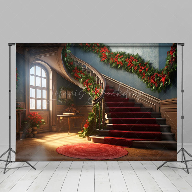 Lofaris Christmas Vibe House Poinsettia Stairs Backdrop