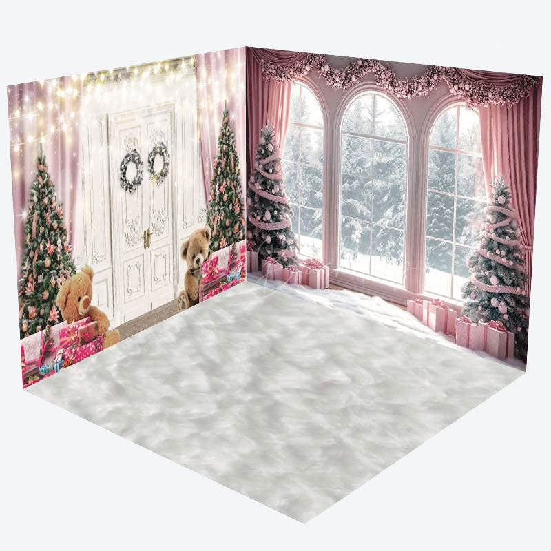 Lofaris Christmas Vibe Pink Window Scene Room Set Backdrop