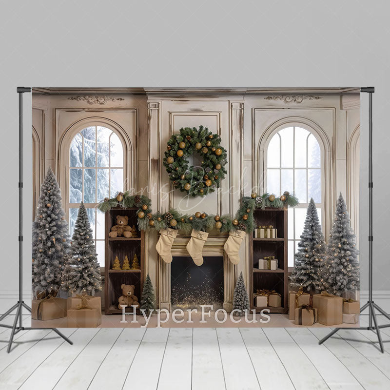 Lofaris Christmas White Fireplace Tree Window Scene Backdrop