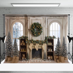 Lofaris Christmas White Fireplace Tree Window Scene Backdrop