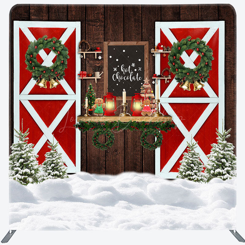 Lofaris Christmas Wood Red Door Square Arch Fabric Backdrop