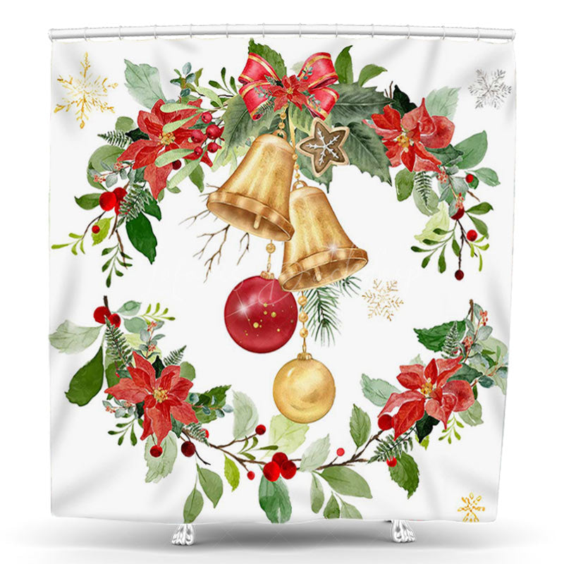 Lofaris Christmas Wreath Gold Bells Floral Shower Curtain