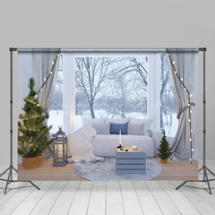 Lofaris Cold Snowy Forest Window Sofa Winter Photo Backdrop