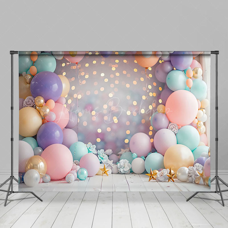 Lofaris Colorful Balloons Arch Gold Bokeh Cake Smash Backdrop