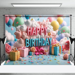 Lofaris Colorful Balloons Clouds Gifts Cake Smash Backdrop