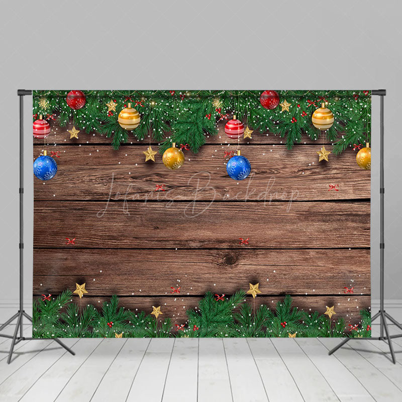 Lofaris Colorful Bells Brown Wood Grain Christmas Backdrop