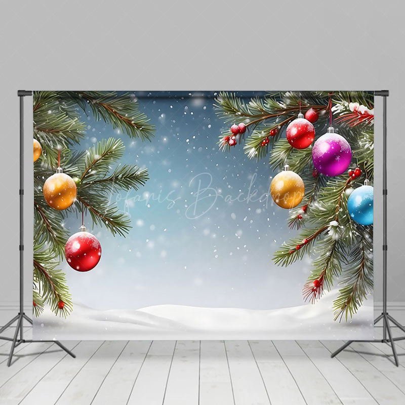 Lofaris Colorful Bells Pine Leaves Snowy Christmas Backdrop