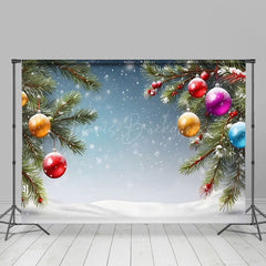 Lofaris Colorful Bells Pine Leaves Snowy Christmas Backdrop