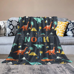 Lofaris Colorful Dinosaurs Navy Blue Custom Name Blanket