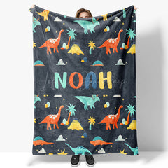 Lofaris Colorful Dinosaurs Navy Blue Custom Name Blanket