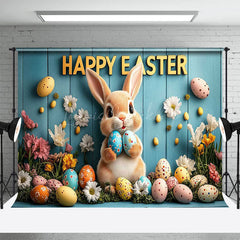 Lofaris Colorful Eggs Floral Bunny Blue Wall Easter Backdrop