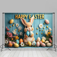 Lofaris Colorful Eggs Floral Bunny Blue Wall Easter Backdrop