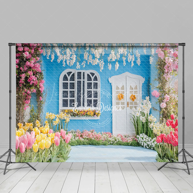 Lofaris Colorful Floral Blue Garden Cabin Spring Backdrop