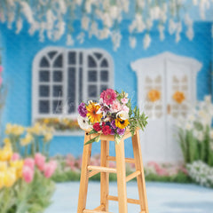 Lofaris Colorful Floral Blue Garden Cabin Spring Backdrop