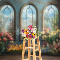 Lofaris Colorful Floral Blue Retro Mural Window Backdrop