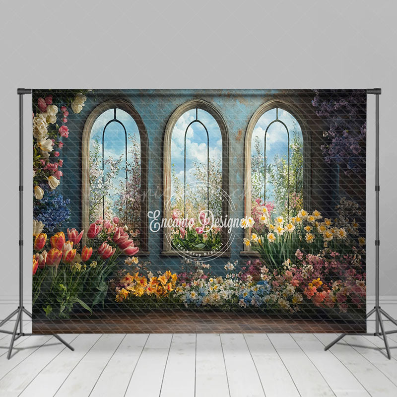 Lofaris Colorful Floral Blue Retro Mural Window Backdrop