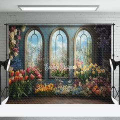 Lofaris Colorful Floral Blue Retro Mural Window Backdrop