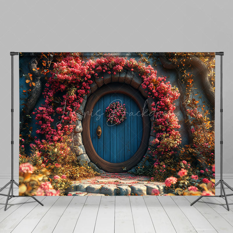 Lofaris Colorful Floral Blue Wood Door Spring Photo Backdrop